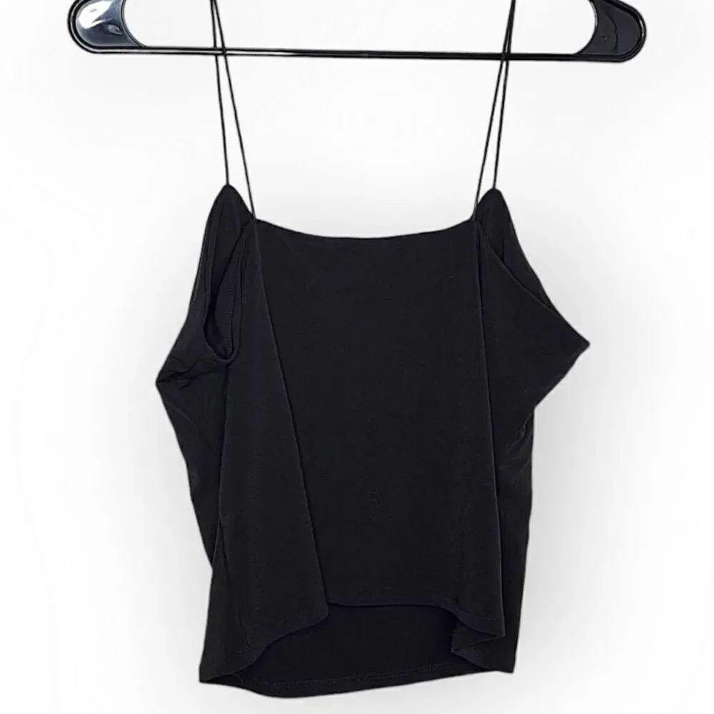 Leith Nordstrom Women's Cowl Neck Spaghetti Strap Crop Top in Black size Large